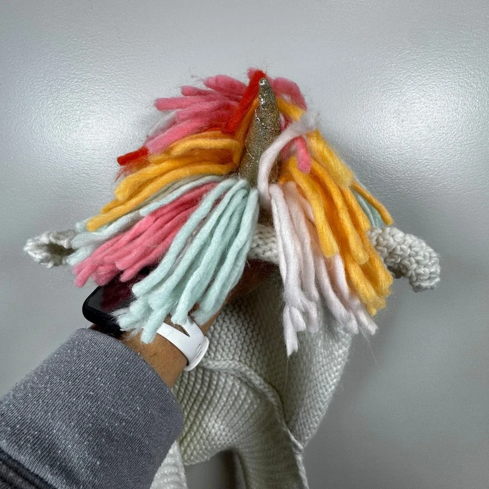 Cat & Jack Unicorn Hood Scarf Cream Knit Glitter Horn Pockets Girls 8-16